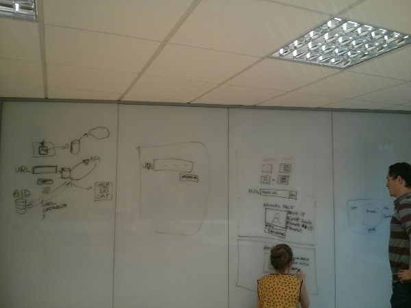 A wall with wireframe sketches on it