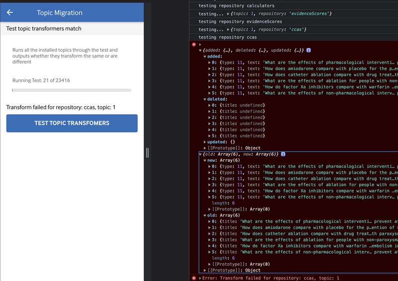 A screenshot of Google Chrome with the dev tool running the test. On the right hand side is the console with the failing results listed