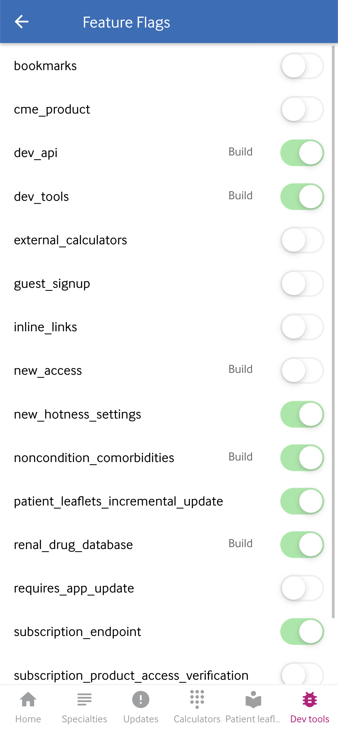 A screenshot of the app with a list of feature flags. Next to it are toggles that are currently disabled