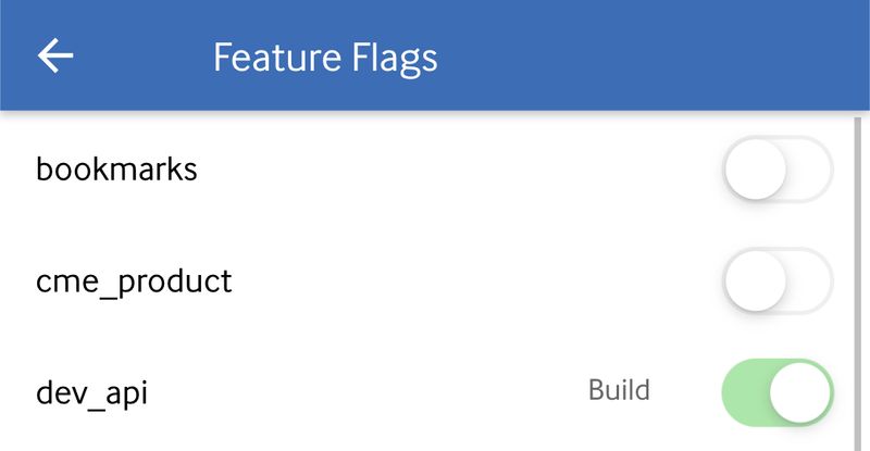 A screenshot of the app with a list of feature flags. Next to it are toggles that are currently disabled